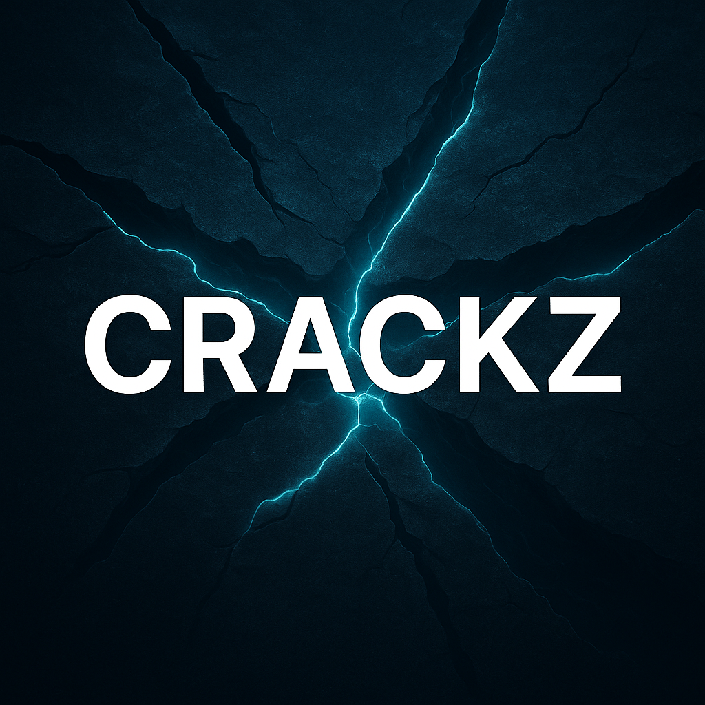 Crackz brand: cracked stone with electric teal lightning forming an X