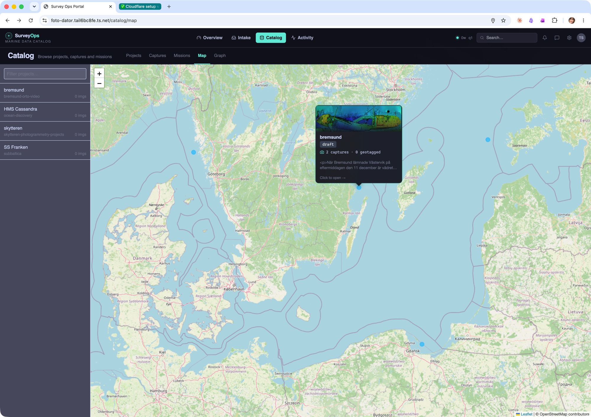 Survey Ops catalog map — all captures plotted by project across the Baltic Sea