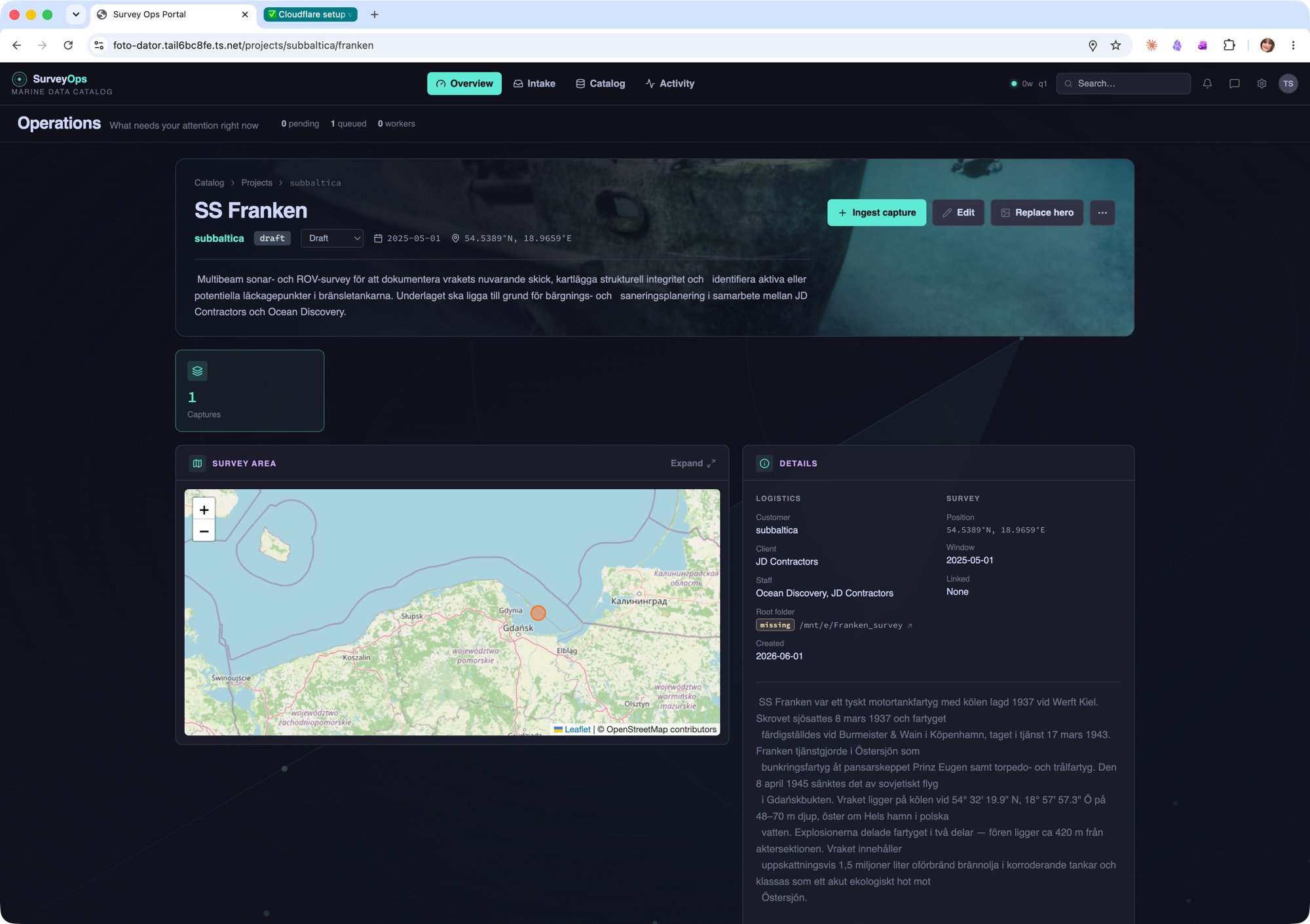 Survey Ops project detail — SS Franken survey with embedded map, metadata and description